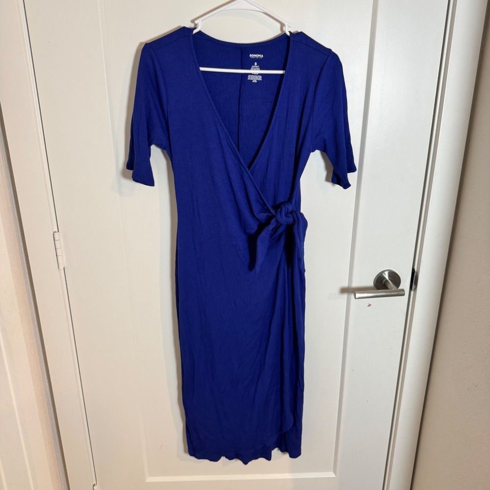 Sonoma Goods for Life Maternity Wrap Dress Royal Blue Ribbed Short Sleeve Size S